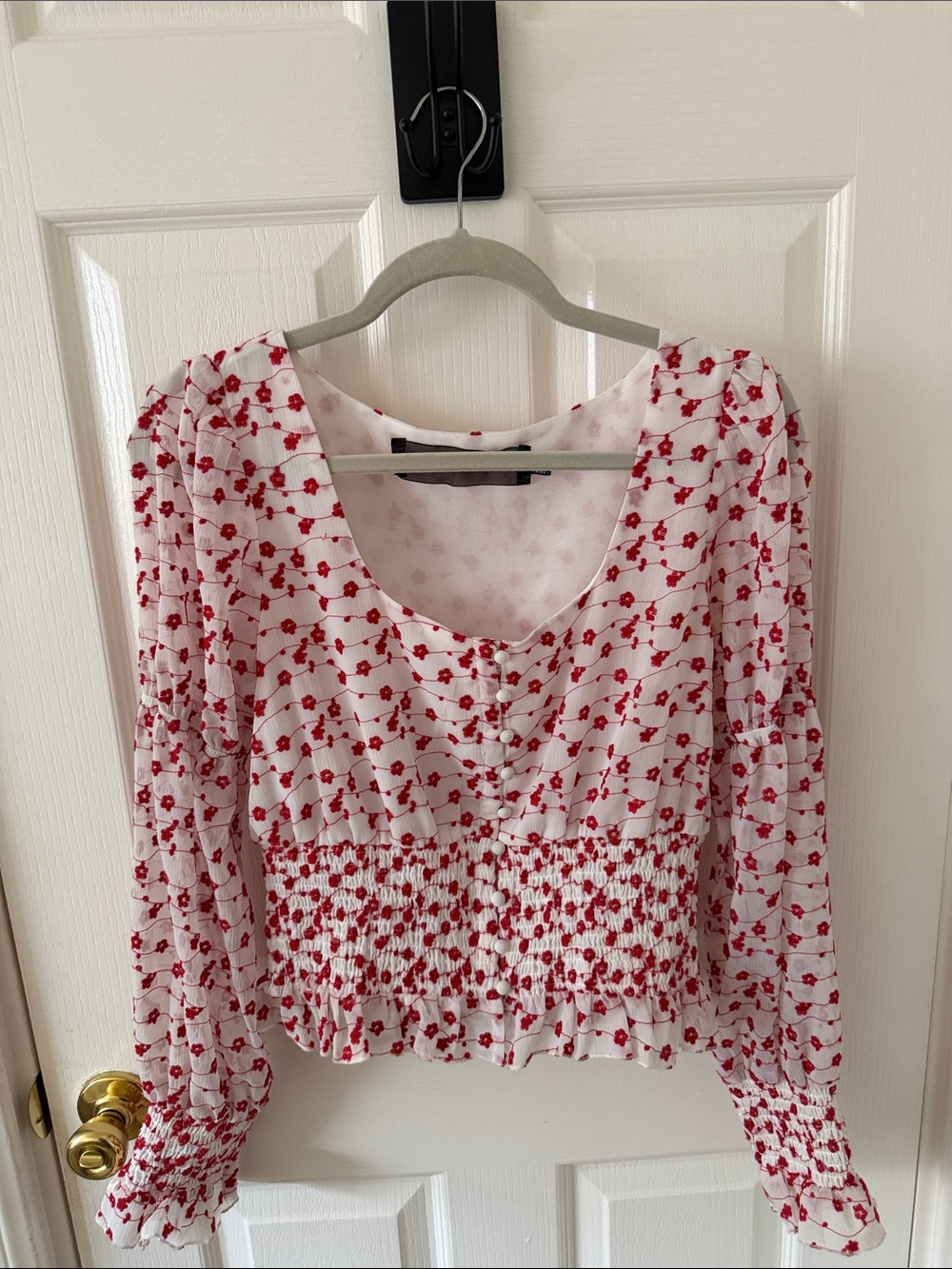 Smocked Waist White Blouse with Red Floral Print